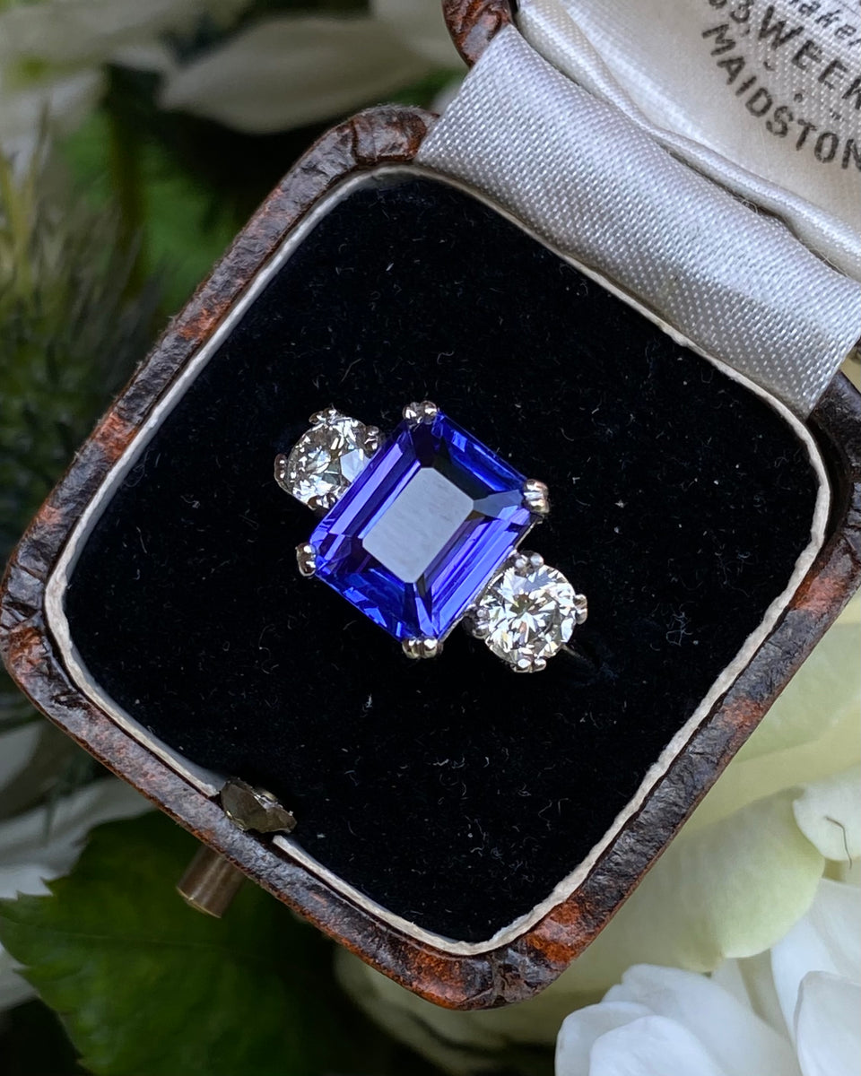 Tanzanite and Diamond Three Stone Platinum Ring