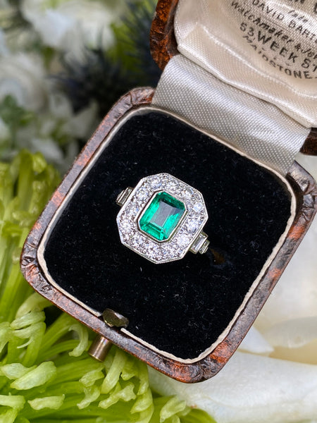 Art Deco Emerald and Diamond Cluster Platinum Ring 0.75ct + 1.0ct