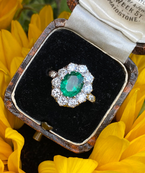 Victorian Emerald and Diamond Cluster Ring 18ct Yellow Gold 1.35ct + 1.95ct