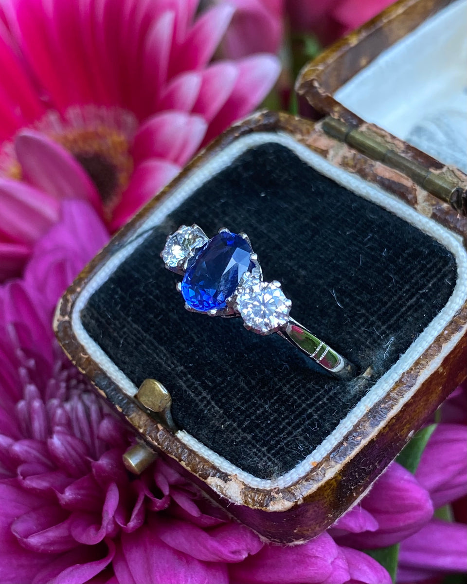 Victorian Sapphire and Old Cut Diamond Three Stone Platinum Ring