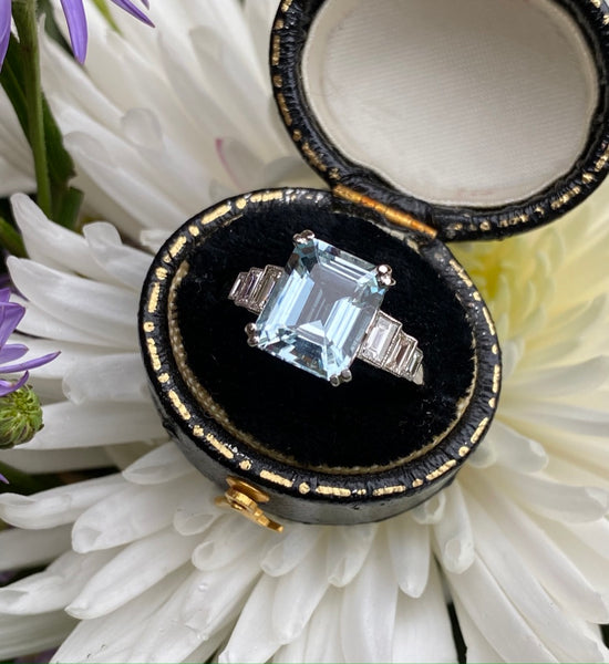 Art Deco Aquamarine and Diamond Platinum Ring 0.50ct + 3.0ct