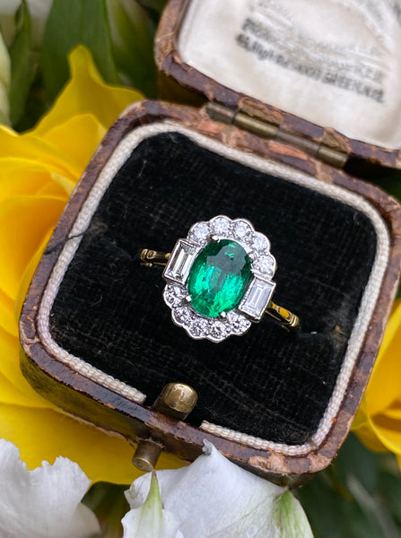 Art Deco Emerald and Diamond Cluster 18ct Yellow Gold Ring 0.50ct + 1.15ct