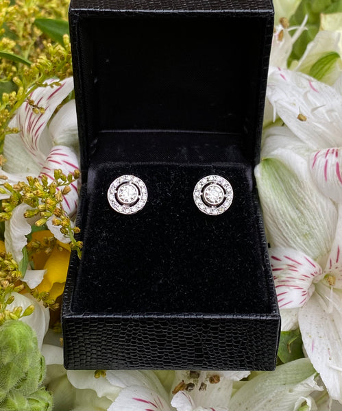 Circular Art Deco Diamond Cluster Stud Earrings 18ct White Gold 0.75ct