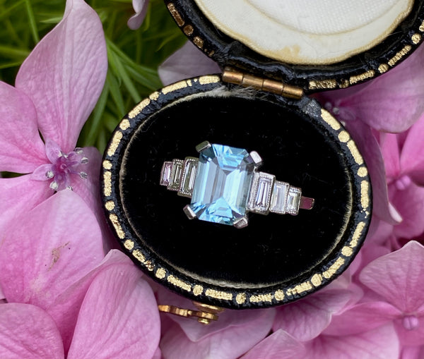 Art Deco Aquamarine and Diamond Platinum Ring 0.30ct + 1.40ct