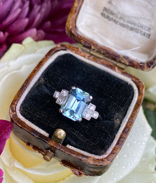 Art Deco Aquamarine and Diamond Platinum Ring 0.18ct + 1.95ct