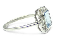 Art Deco Aquamarine and Diamond Ring Platinum 0.25ct + 0.80ct