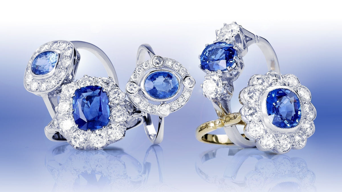 Sapphire and diamond cluster rings in Victorian and Art Deco styles