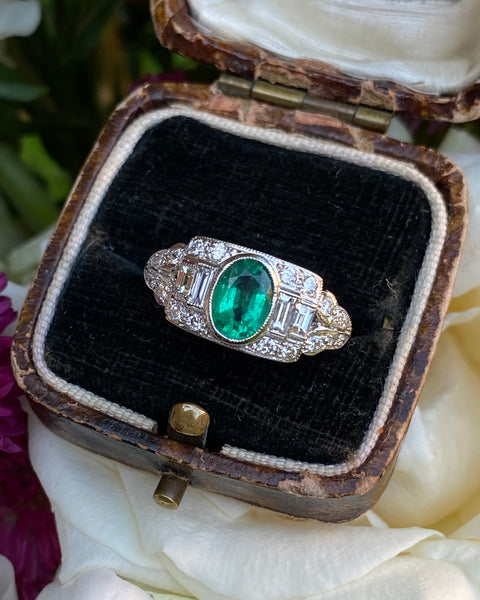 Art Deco Emerald and Diamond Platinum Ring 0.60ct + 0.80ct