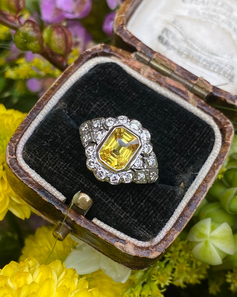 Edwardian Style Yellow Sapphire and Diamond Cluster Ring Platinum 0.50ct + 1.55ct