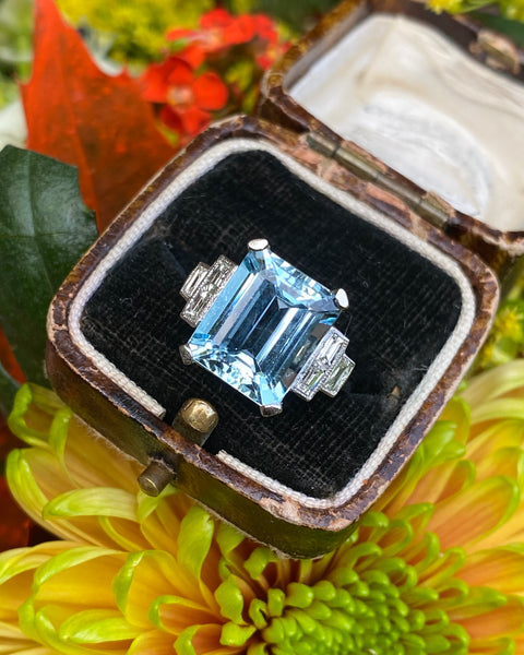 Art Deco Aquamarine and Diamond Ring Platinum 0.35ct + 8.10ct