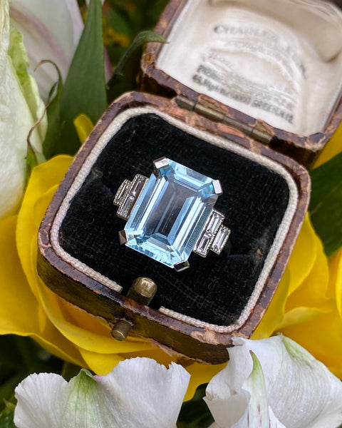 Art Deco Aquamarine and Diamond Ring Platinum 0.35ct + 6.65ct