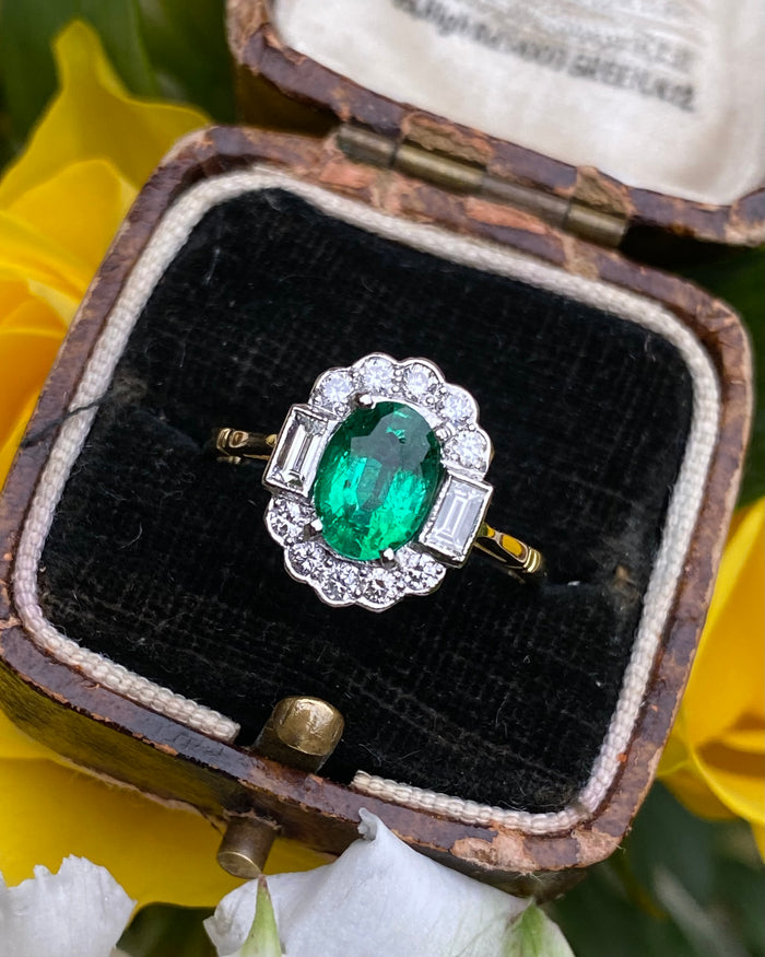 Victorian Emerald and Diamond Cluster Ring 18ct Yellow Gold 0.50ct + 1.10ct