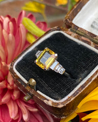 Art Deco Yellow Sapphire and Diamond Platinum Ring 0.35ct + 2.25ct