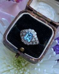 Edwardian Style Aquamarine and Diamond Cluster Platinum Ring 0.60ct + 1.10ct