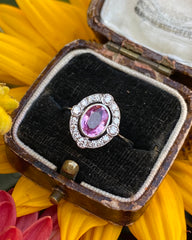 Art Deco Pink Sapphire and Diamond Cluster Ring Platinum 0.35ct + 1.10ct