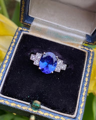 Art Deco Tanzanite and Diamond Platinum Ring 0.16ct + 2.45ct