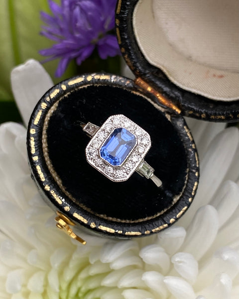 Art Deco Sapphire & Diamond Cluster Ring Platinum 0.30ct + 0.50ct