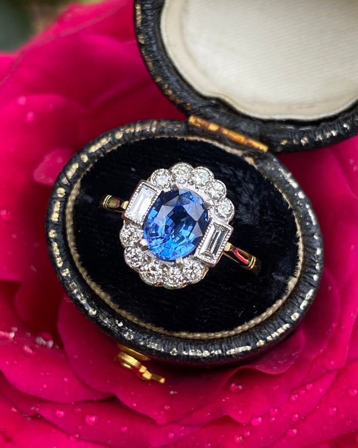 Victorian Style Sapphire and Diamond Cluster Ring 18ct Yellow Gold 0.50ct + 1.37ct
