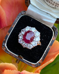 Victorian Ruby and Diamond Cluster Platinum Ring 2.10ct + 4.10ct