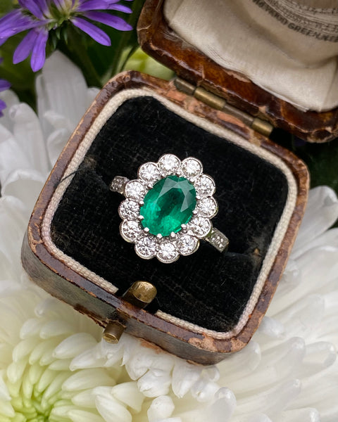 Victorian Style Emerald and Diamond Cluster Ring 18ct Yellow Gold 0.90ct + 2.02ct