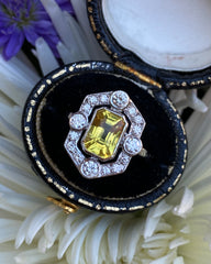 Art Deco Yellow Sapphire and Diamond Cluster Platinum Ring 0.50ct + 1.50ct