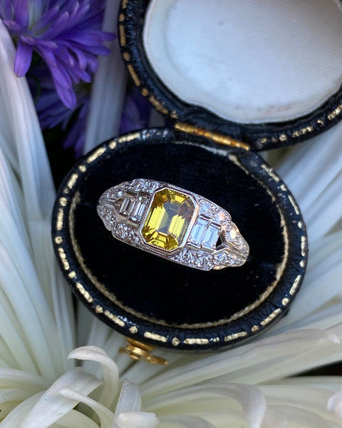 Art Deco Yellow Sapphire and Diamond Platinum Ring 0.50ct + 1.0ct