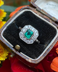 Art Deco Emerald and Diamond Cluster Platinum Ring 0.45ct + 0.80ct