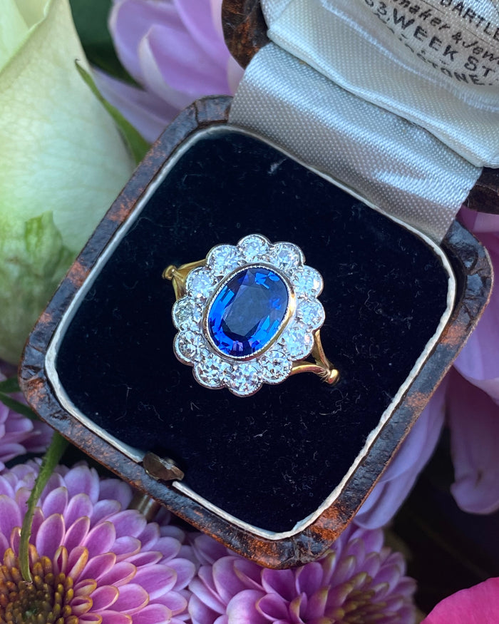 Victorian Sapphire and Diamond Cluster Ring 18ct Yellow Gold 0.85ct + 2.03ct