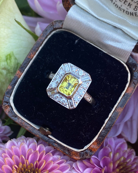 Art Deco Yellow Sapphire and Diamond Platinum Ring 0.50ct + 1.20ct