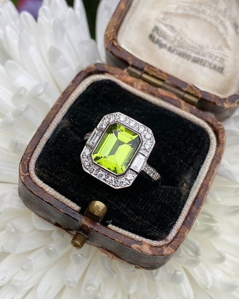 Art Deco Peridot and Diamond Platinum Ring 0.40ct + 2.20ct