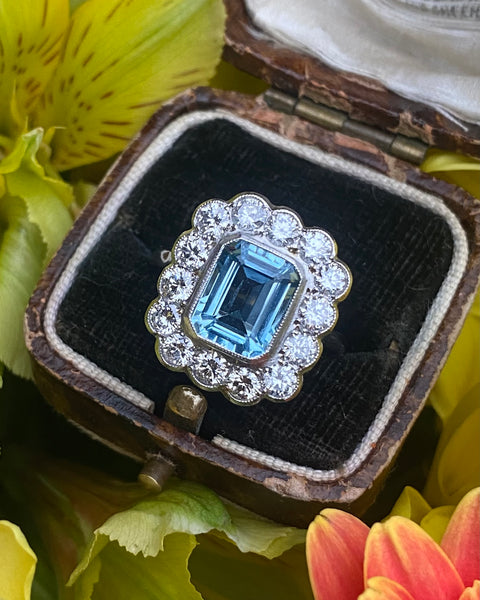 Victorian Aquamarine and Diamond Cluster Platinum Ring 1.40ct + 2.10ct