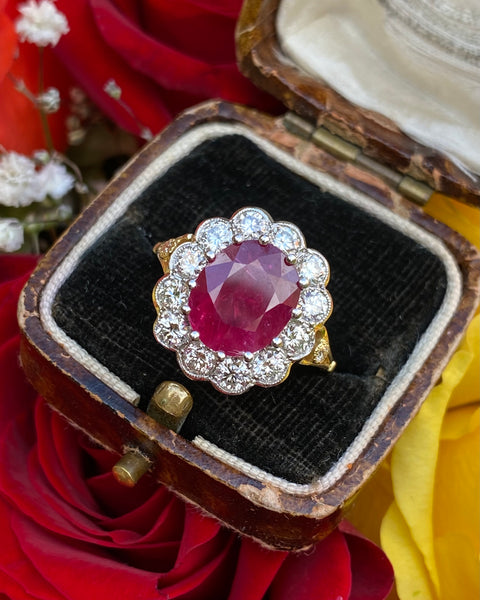 Victorian Ruby and Diamond Cluster Ring 18ct Yellow Gold 1.75ct + 3.33ct