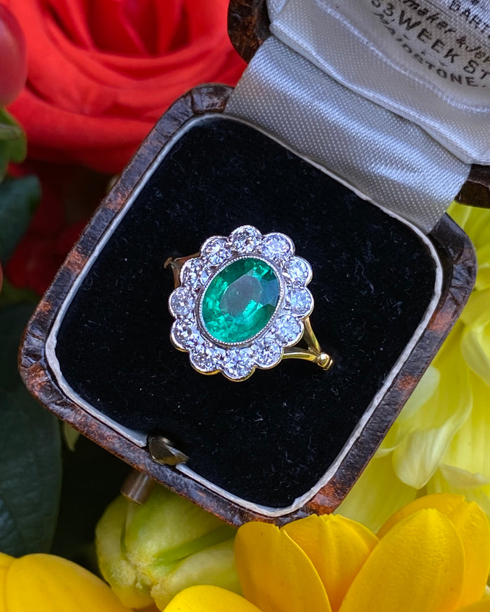 Emerald and Diamond Cluster Ring 18ct Yellow Gold 0.85ct + 1.50ct