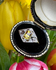 Art Deco Yellow Sapphire and Diamond 18ct Yellow Gold Ring 0.20ct + 0.90ct