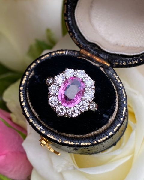 Victorian Style Pink Sapphire and Diamond Cluster Platinum Ring 0.90ct + 1.10ct