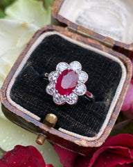 Victorian Ruby and Diamond Cluster Platinum Ring 0.90ct + 1.65ct