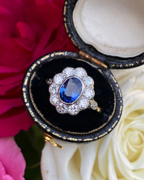 Victorian Sapphire and Diamond Cluster 18ct Yellow Gold Ring 0.90ct + 1.30ct