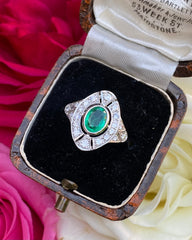 Art Deco Emerald and Diamond Platinum Ring 0.50ct + 0.70ct