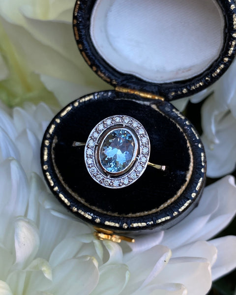 Aquamarine and Diamond Art Deco Platinum Ring 0.15ct + 1.20ct