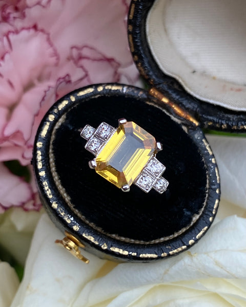 Art Deco Yellow Sapphire and Diamond Platinum Ring 0.18ct + 2.05ct