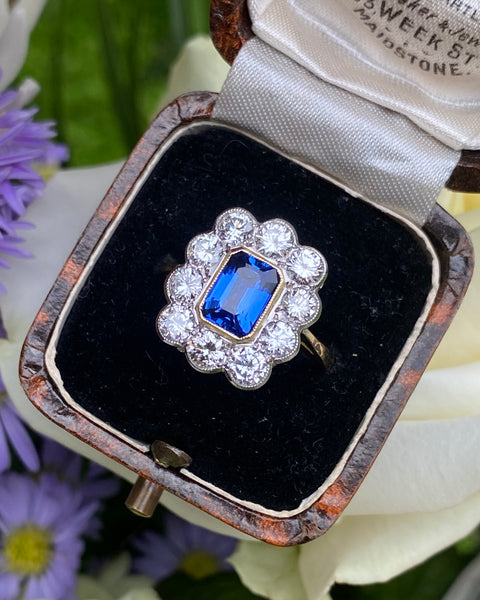 Vintage Sapphire and Diamond 18ct Yellow Gold Cluster Ring 1.60ct + 1.50ct