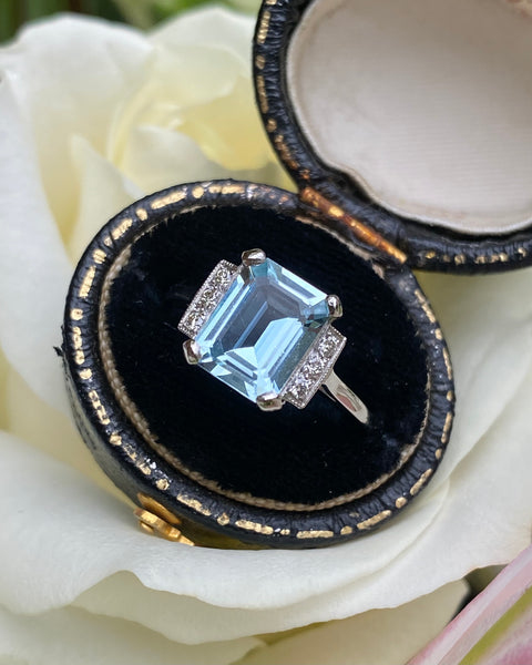 Art Deco Aquamarine and Diamond Platinum Ring 0.12ct + 2.50ct