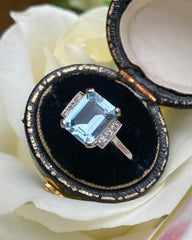 Art Deco Aquamarine and Diamond Platinum Ring 0.15ct + 1.70ct