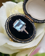 Art Deco Aquamarine and Diamond Platinum Ring 0.12ct + 2.50ct