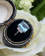 Art Deco Aquamarine and Diamond Platinum Ring 0.15ct + 1.70ct