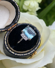 Art Deco Aquamarine and Diamond Platinum Ring 0.12ct + 1.90ct