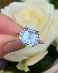 Art Deco Aquamarine and Diamond Platinum Ring 0.15ct + 1.70ct