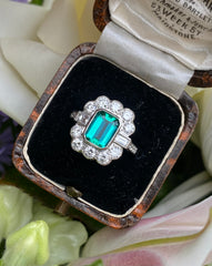 Emerald and Diamond Cluster Platinum Ring 1.05ct + 1.30ct