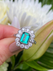 Emerald and Diamond Cluster Platinum Ring 1.05ct + 1.30ct