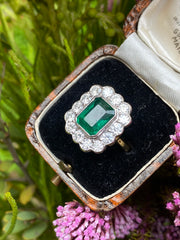 Victorian Style Emerald and Diamond Cluster Ring 18ct Yellow Gold 1.70ct + 3.75ct